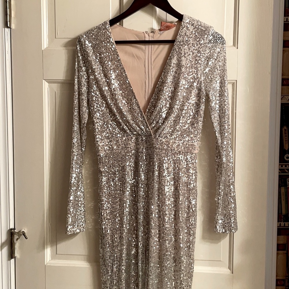 Blush Silver Jumpsuit! Photographs well! Great New Years Eve outfit!